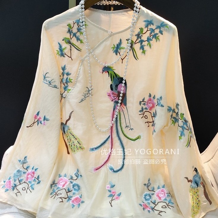 复古新中式圆领绣花衬衫女年夏季新款时髦国风休闲百搭上衣潮