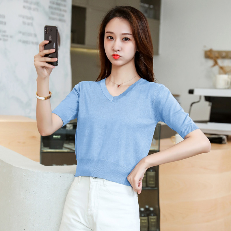 大量夏季新款韩版短袖女短款V领百搭冰丝酒红针织衫