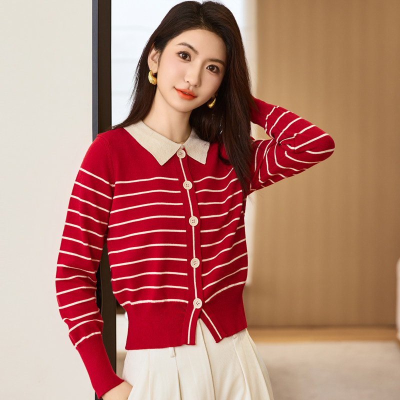 秋季新款小香风开衫短款小外套长袖条纹翻领毛衣针织衫女
