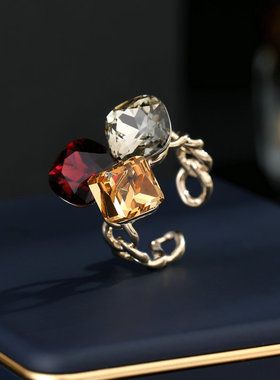 韩版东大门新款手饰食指指环小众设计高级感链条几何水晶开口戒指