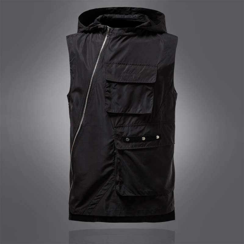 暗黑港风宽松斜拉链大口袋工装马甲纯棉男印花无袖连帽背心YT538