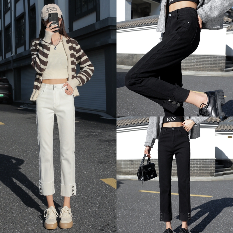 加绒高腰弹力女2025冬季新款直筒烟管牛仔裤修身九分八分裤