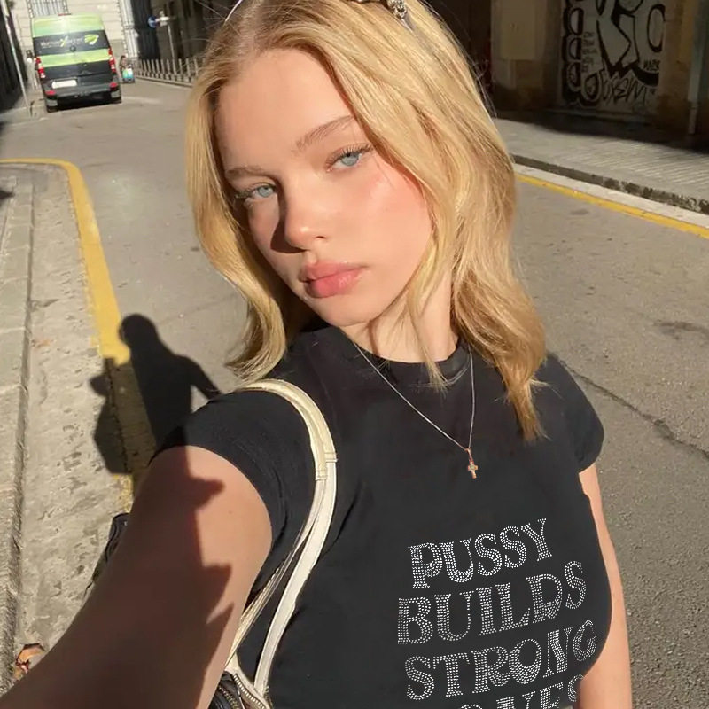 欧美外贸哥特风烫钻T恤，街头甜