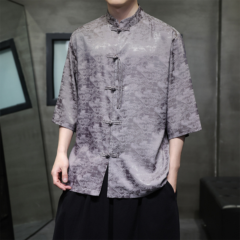 男装中国风 冰丝面料 夏季2025 新中式短袖汉服唐装衬衫A627