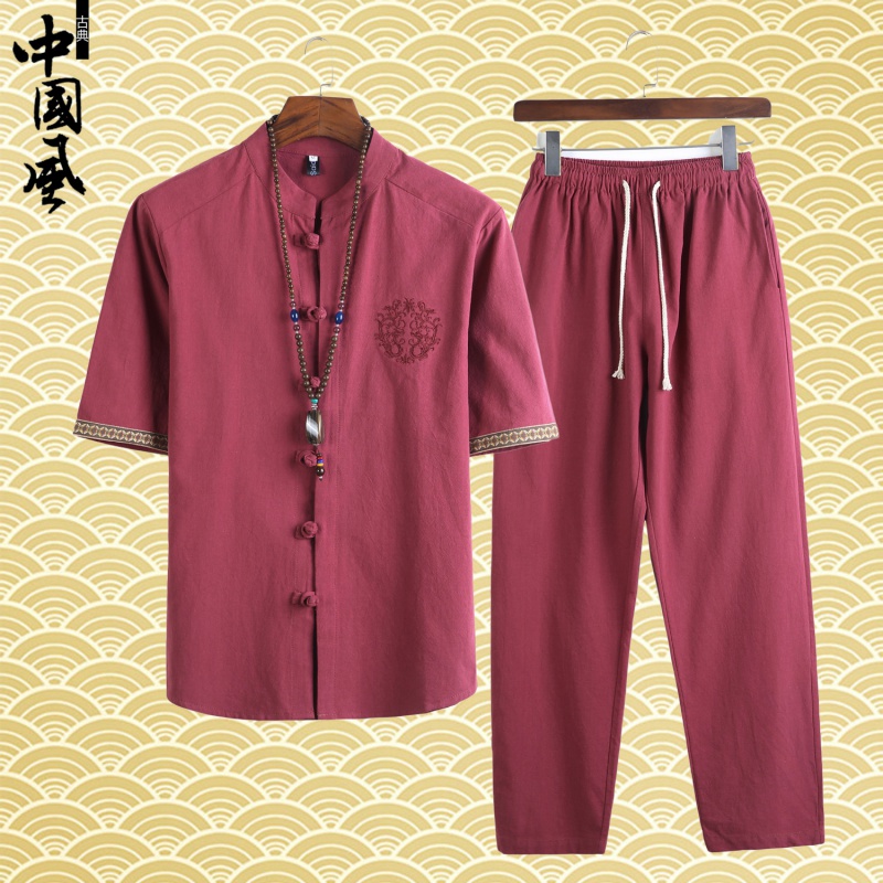 男装夏季中国风刺绣大码亚麻短袖国潮中式汉服套装一件代发