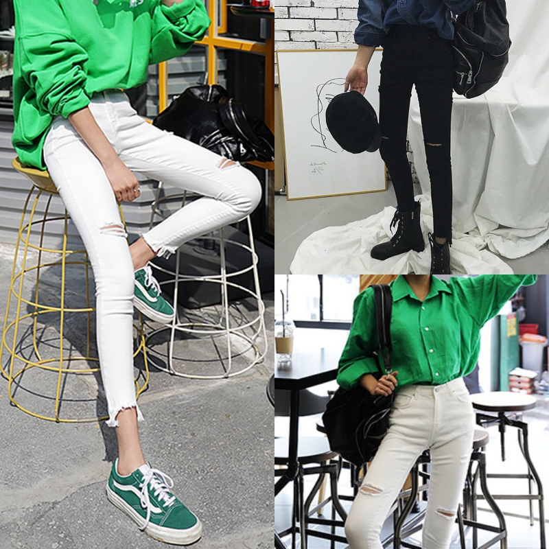 区区欧阳 破洞牛仔裤女夏季新款九分裤复古修身弹力裤子