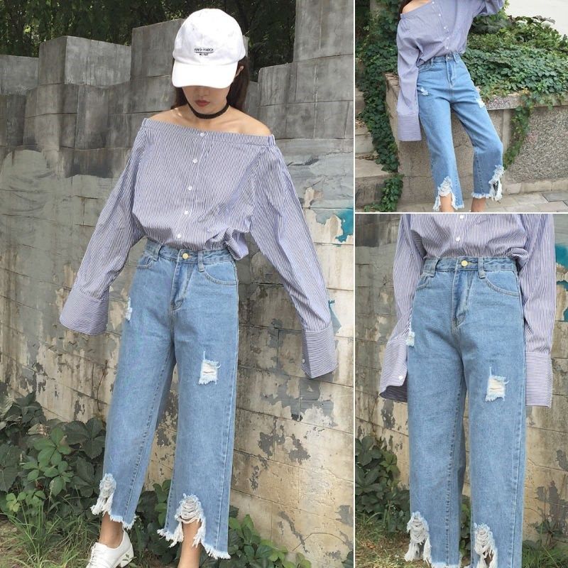 阔腿裤女学生韩版宽松春夏破洞九分牛仔裤高腰显瘦直筒休闲裤子。|msdalam kategori Butik wanita / wanita, seluar jeans - dari Buy2taobao.com untuk memberikan perkhidmatan ejen Taobao profesional membeli