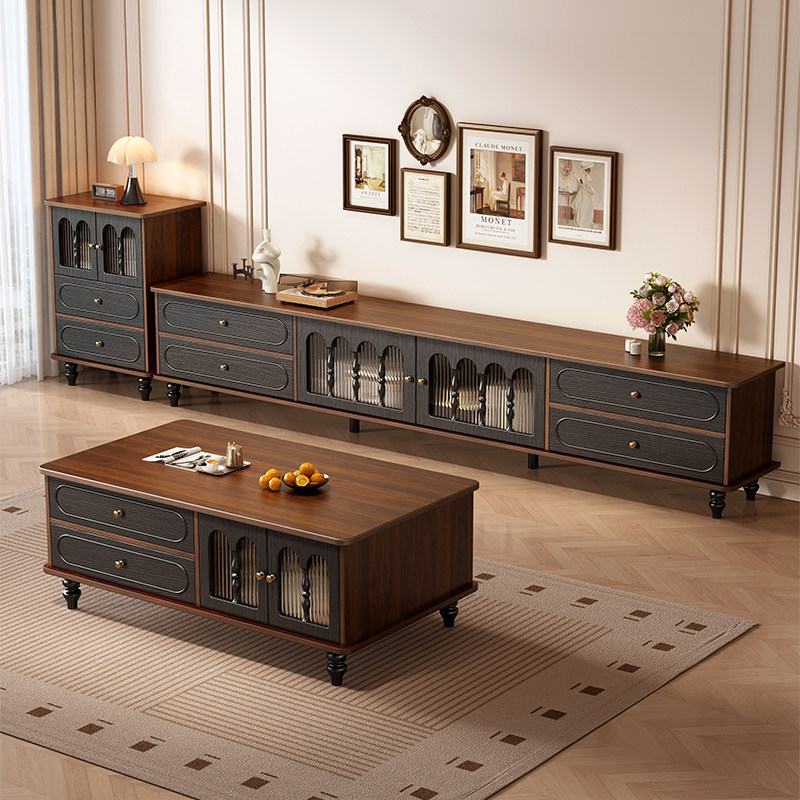 中古风电视柜茶几组合小户型客厅法式黑色实木胡桃色复古电视机柜