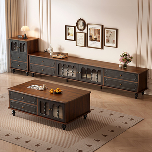中古风电视柜茶几组合小户型客厅法式黑色实木胡桃色复古电视机柜