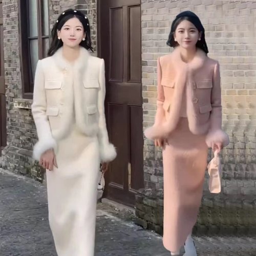小香风套装裙女加棉加厚兔毛拼接