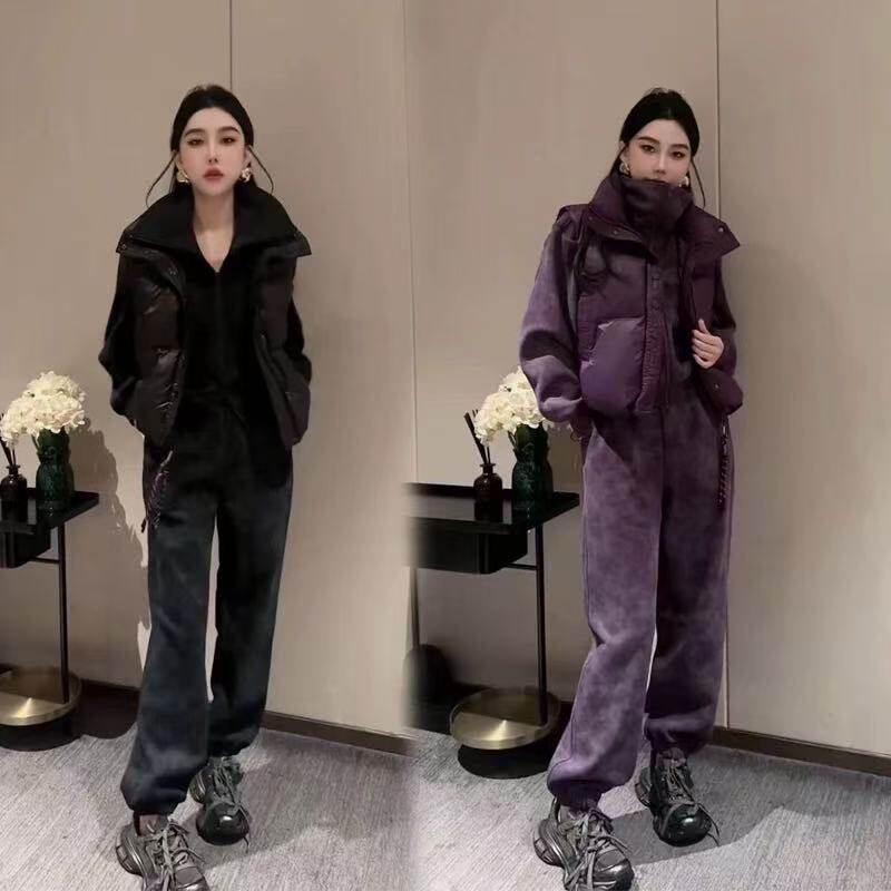 2026冬季新款韩版加绒加厚运动休闲套装女棉马甲卫衣束脚裤三件套