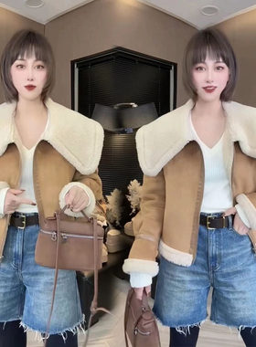 一体外套女加绒加厚大翻领羊羔毛