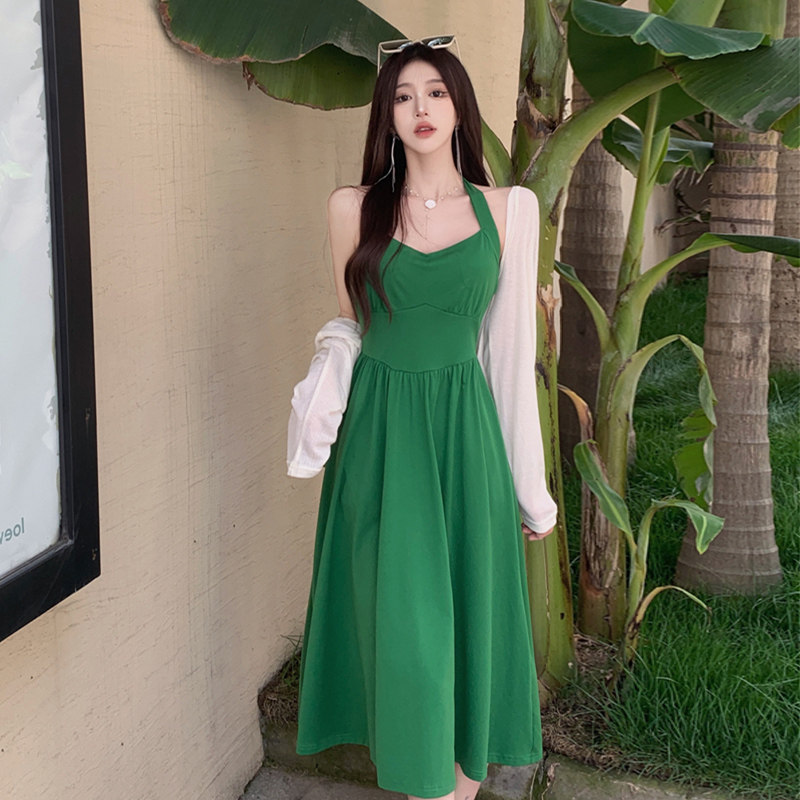 大码女装夏装微胖妹妹MM收腰显瘦防晒披肩+吊带两件套气质连衣裙