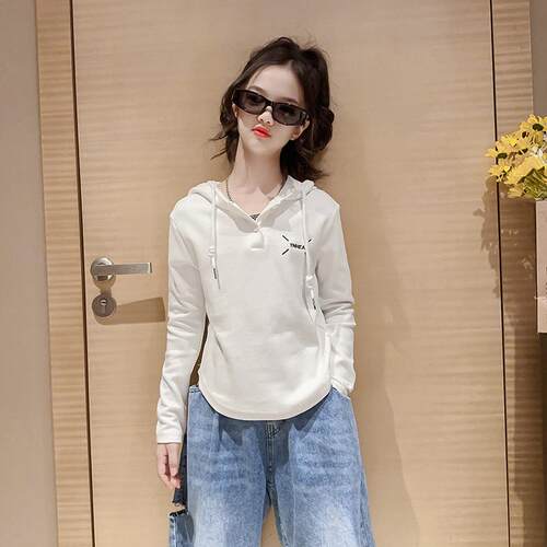 女大童长袖T恤春秋装2026新款儿童半拉链上衣打底t衫卫衣牛仔套装
