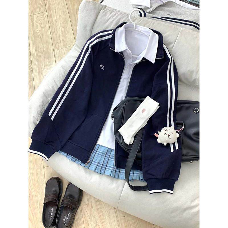 新品日系学院风条纹运动立领卫衣女春季薄款校供感休闲开衫外套jk