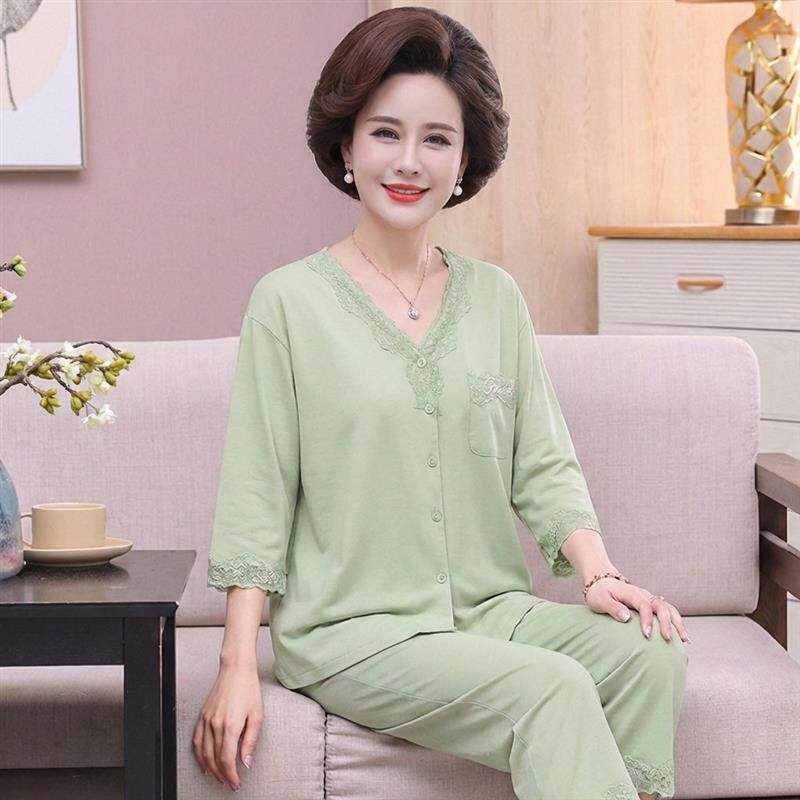 妈妈睡衣女春秋季纯棉七分袖休闲开衫中老年人夏款大码家居服套装