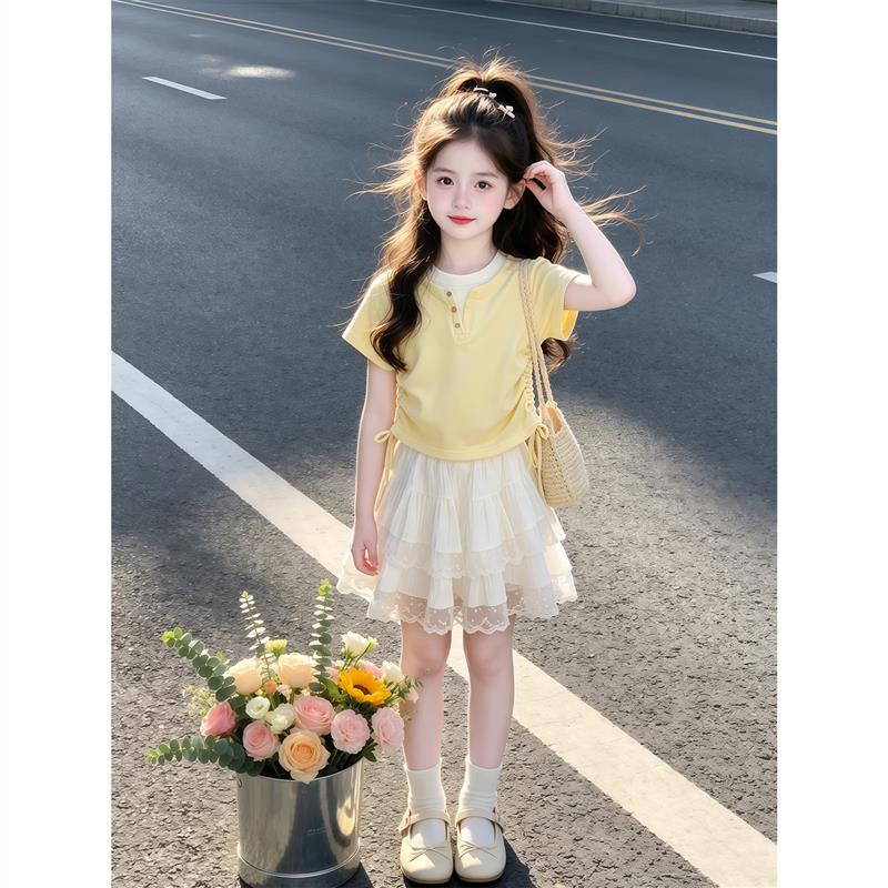 女童蛋糕裙套装夏季2026新款儿童洋气假两件上衣女孩夏装半身裙子