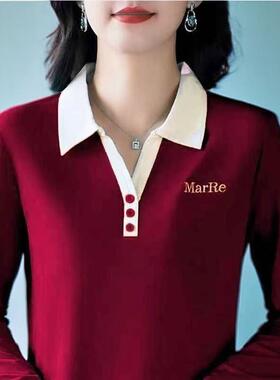 新品春秋季新款翻领长袖T恤女大码洋气减龄中老年妈妈上衣POL