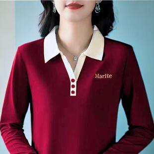 翻领长袖 新品 春秋季 新款 洋气减龄中老年妈妈上衣POL T恤女大码