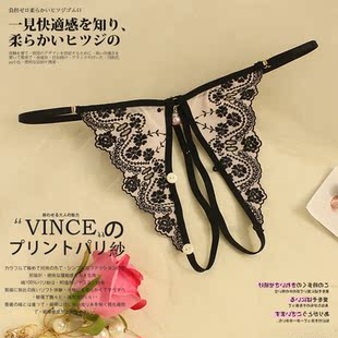 丁字裤女蝴蝶形开档刺绣内裤女蕾丝珍珠饰低腰家居私房性感T字裤