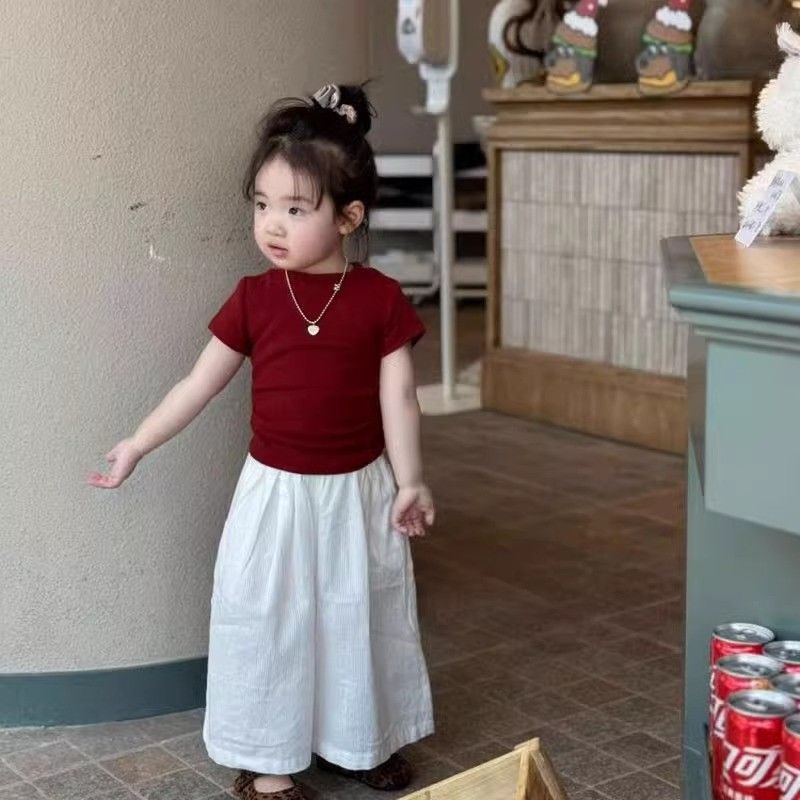 夏装女童短袖T恤套装1岁宝宝洋气白色阔腿裤小童时髦二件套红上衣