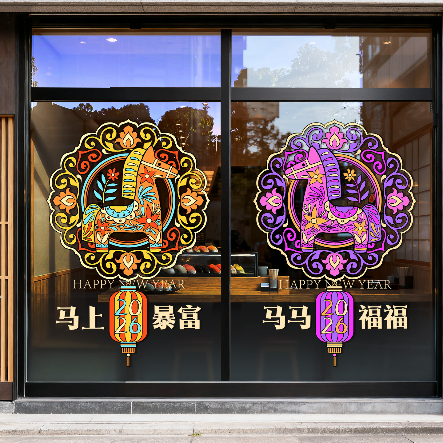 2026马年门贴新年装饰圆形贴画春节布置家用厨房玻璃门贴纸静电贴图片