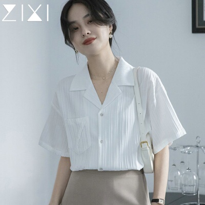 法式西装v领白色衬衫女短袖夏季通勤正装职业衬衣设计感小众上衣