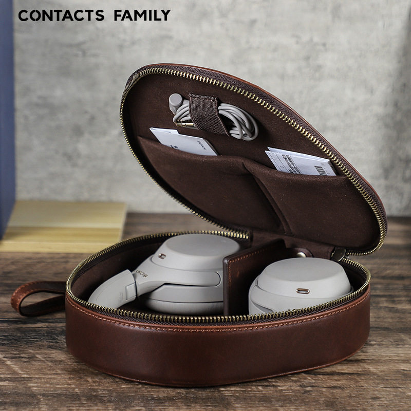 适用于索尼wh1000xm4/xm5无线蓝牙耳机保护套复古疯马牛皮质真皮收纳盒多功能手提拉链包袋旅行便携咖啡色包