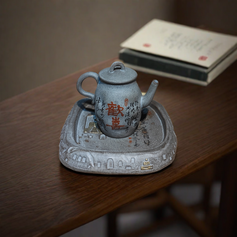 纯手工原矿老段泥功夫茶具泡茶器手写字家用小号茶壶壶承观喜自在