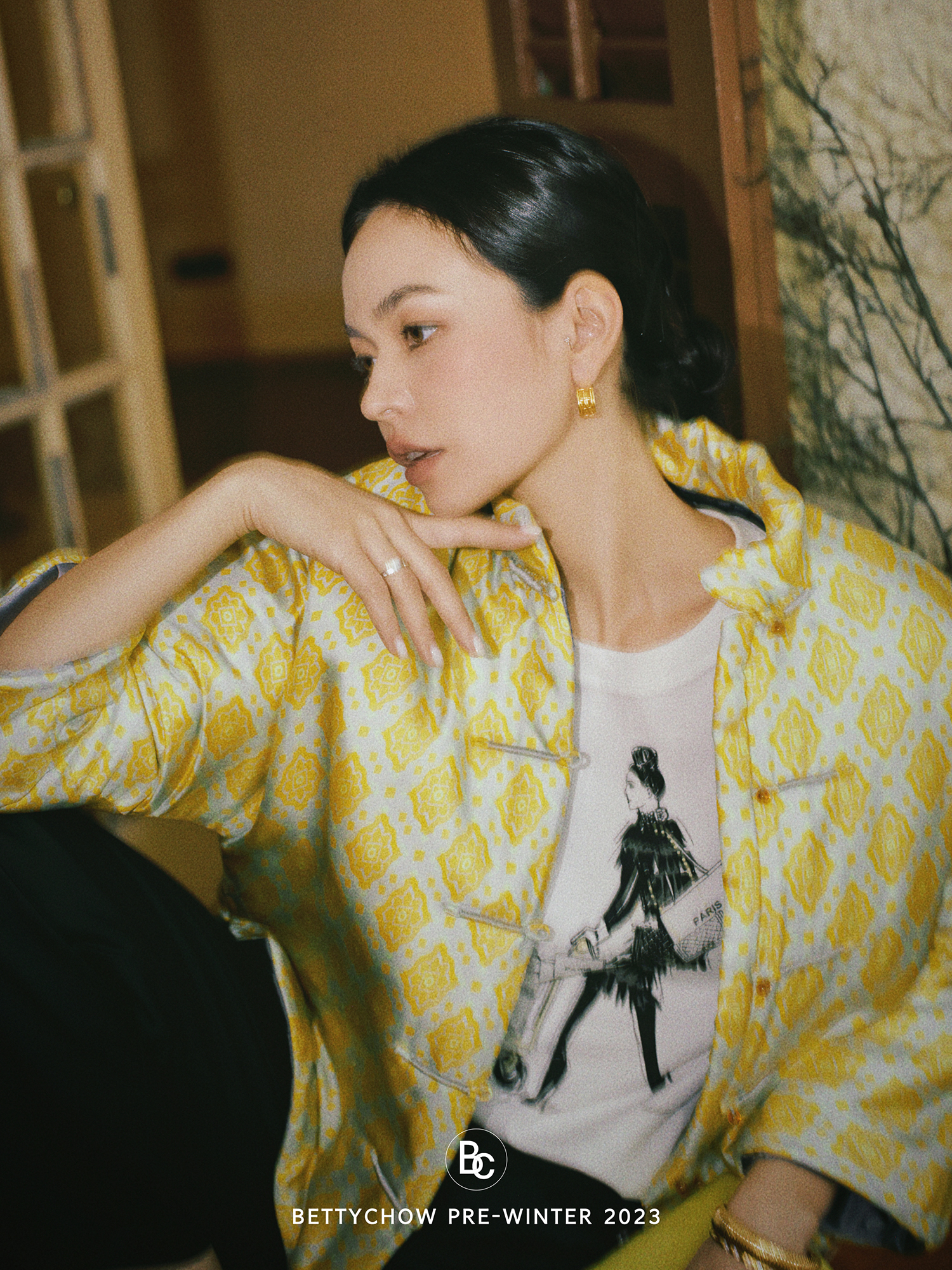 真丝柠檬黄菱格中式棉服