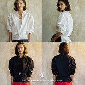 黑色白色摩登时髦长袖 Bettychow 高支棉阔肩收腰衬衫 廓形衬衣