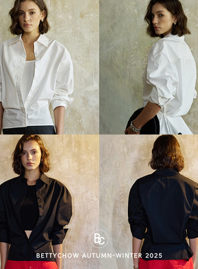 Bettychow 高支棉阔肩收腰衬衫黑色白色摩登时髦长袖廓形衬衣