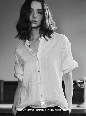 Bettychow 肌理薄透亚麻短袖白色翻领衬衫时髦老钱通勤款式衬衣