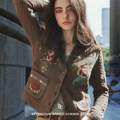 Bettychow 毛针织衫 中古羊毛提花浅棕色开衫 毛衣秋冬植物花卉长袖