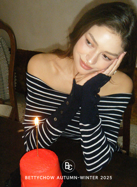 Bettychow 美利奴纯羊毛蓝白条纹中长款露肩毛衣性感风长袖上衣