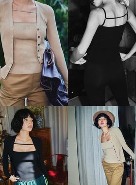 Bettychow 高弹力百搭吊带开衫黑色驼色秋冬百搭法式简约基础套装