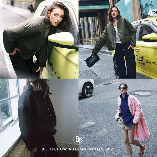 Bettychow 养马人斜纹缎面阔肩棉服黑色绿色粉色高级感棉衣外套