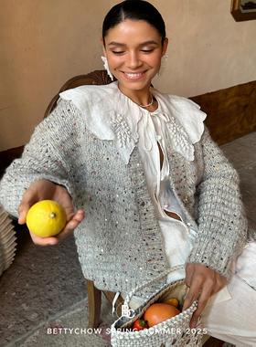 Bettychow 超仙超美 梦幻亮片中长羊驼毛开衫灰色白色ins气质外套