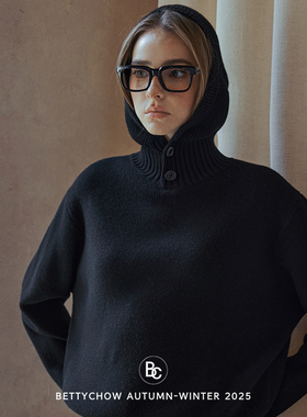 Bettychow 纯羊毛连帽厚毛衣秋冬黑色慵懒宽松高级感高领上衣