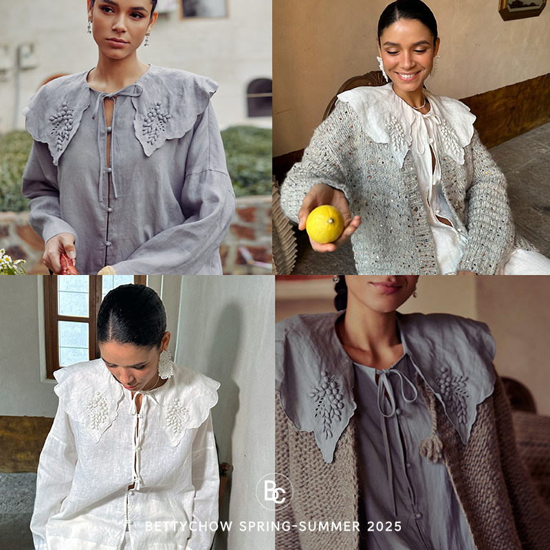 Bettychow 亚麻刺绣大领子衬衫娃娃领小众高品质打底衫白色灰色