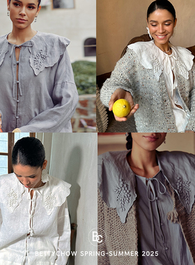 Bettychow 亚麻刺绣大领子衬衫娃娃领小众高品质打底衫白色灰色