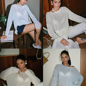 白色浅蓝色清爽长袖 Bettychow 细线棉麻薄透宽松衫 宽松高级感上衣