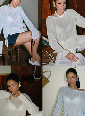 Bettychow 细线棉麻薄透宽松衫白色浅蓝色清爽长袖宽松高级感上衣