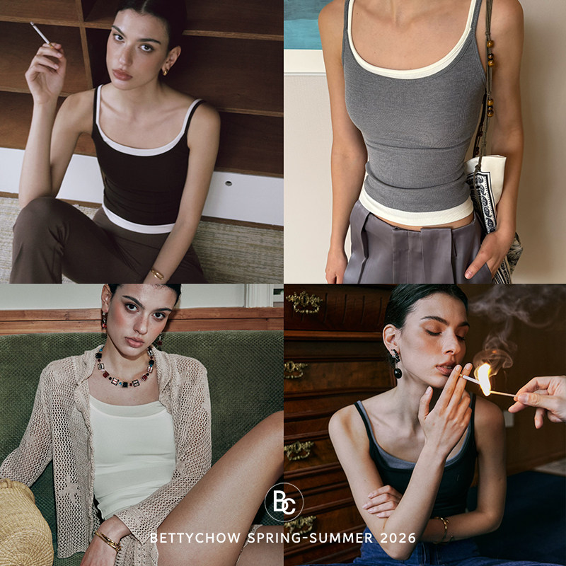 Bettychow有胸垫真丝弹力螺纹假2件吊带背心外穿拼色上衣