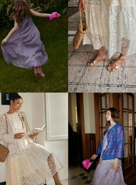 Bettychow 真丝蕾丝女神连衣裙紫色白色稀有品大摆显瘦女神中长裙