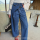 高街时髦通勤休闲直筒长裤 Bettychow 深蓝色腰头两穿设计牛仔裤