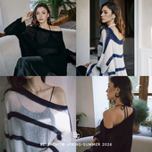 Bettychow 露肩条纹上衣 休闲风长袖 软糯真丝羊绒 柔光神仙罩衫