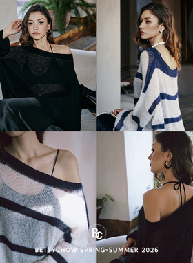Bettychow 软糯真丝羊绒 柔光神仙罩衫休闲风长袖露肩条纹上衣