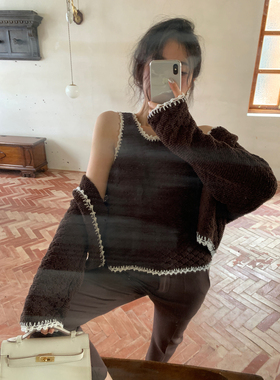 Bettychow 手工编织 钩花巧克力开衫背心宽松棕色镶边针织两件套