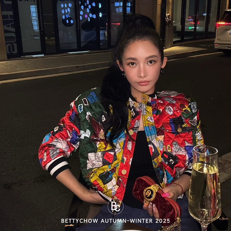 Bettychow 小香中古信封方块真丝彩棒球棉服短款复古时尚翻领夹克